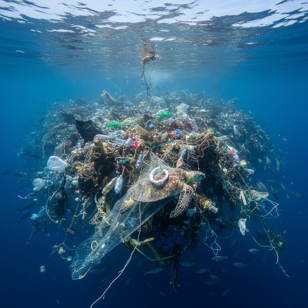genera una immagine della plastica nel mare per attirare più persone nel sito web senza scritte